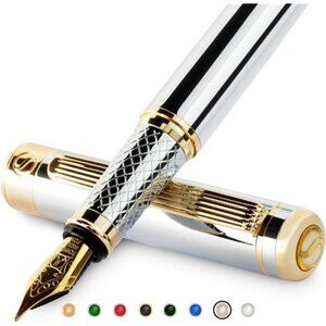 Silver Chrome Fountain Pen - Stunning Luxury Pen with 24K Gold